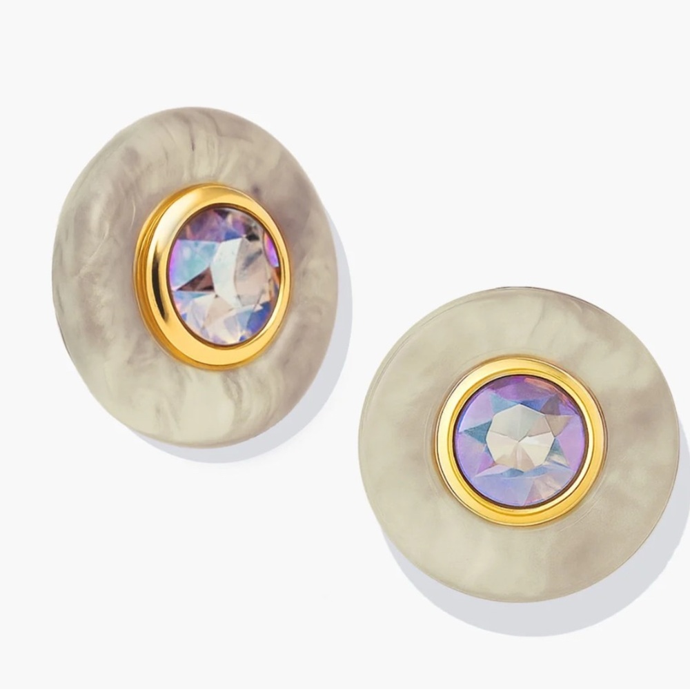 button style post earrings ivory cream with shimmer Swarovski crystal center NWT